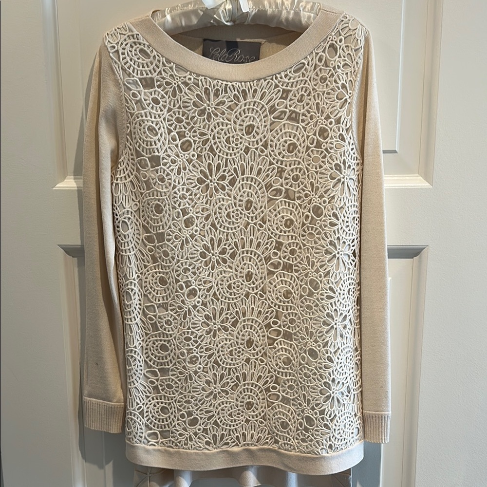 Lela Rose Cream Silk Knit Lace Tunic Sweater Size M